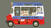 A pixel art illustration of an ice cream van, the name of which is Vincents.