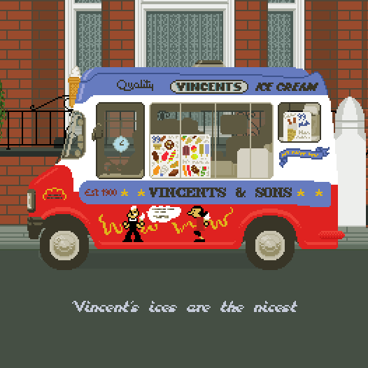 An animated gif of an ice cream van driving down a residential street.