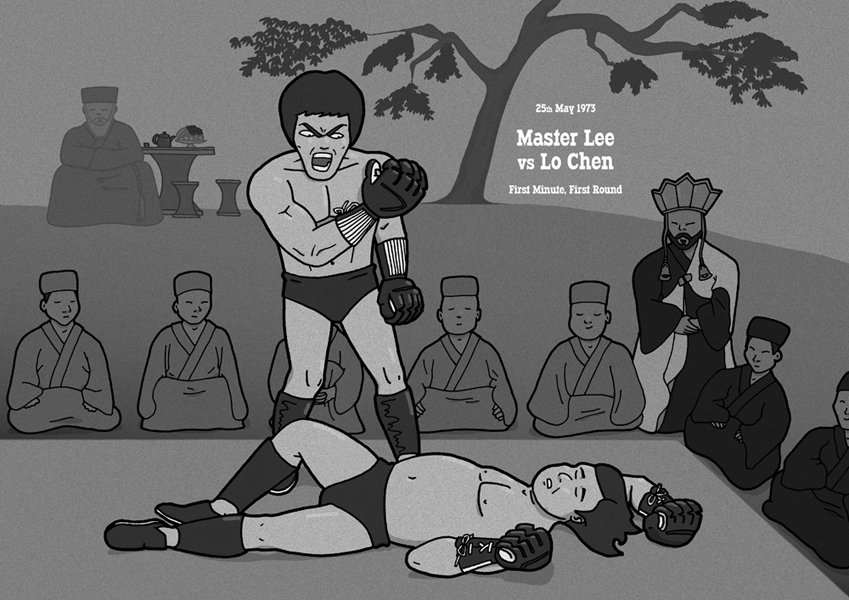 An illustration of the movie Enter the Dragon, referencing the famous Muhammad Ali knockout poster.