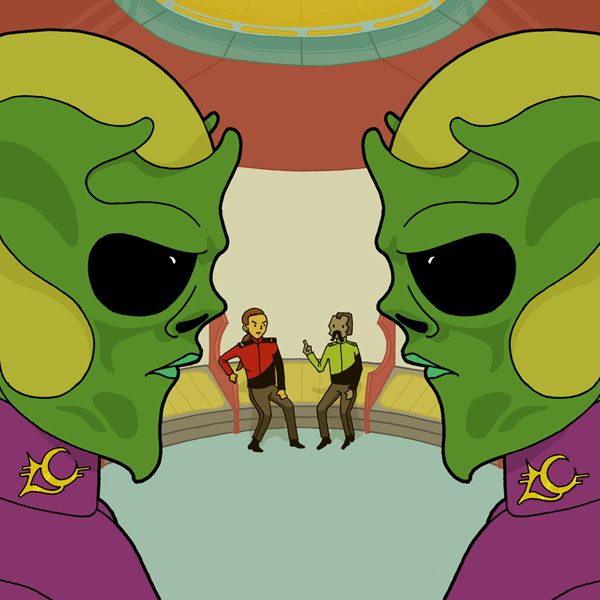 An illustration of two identical aliens facing each other, a Star Trek inspired setting based on a short story.