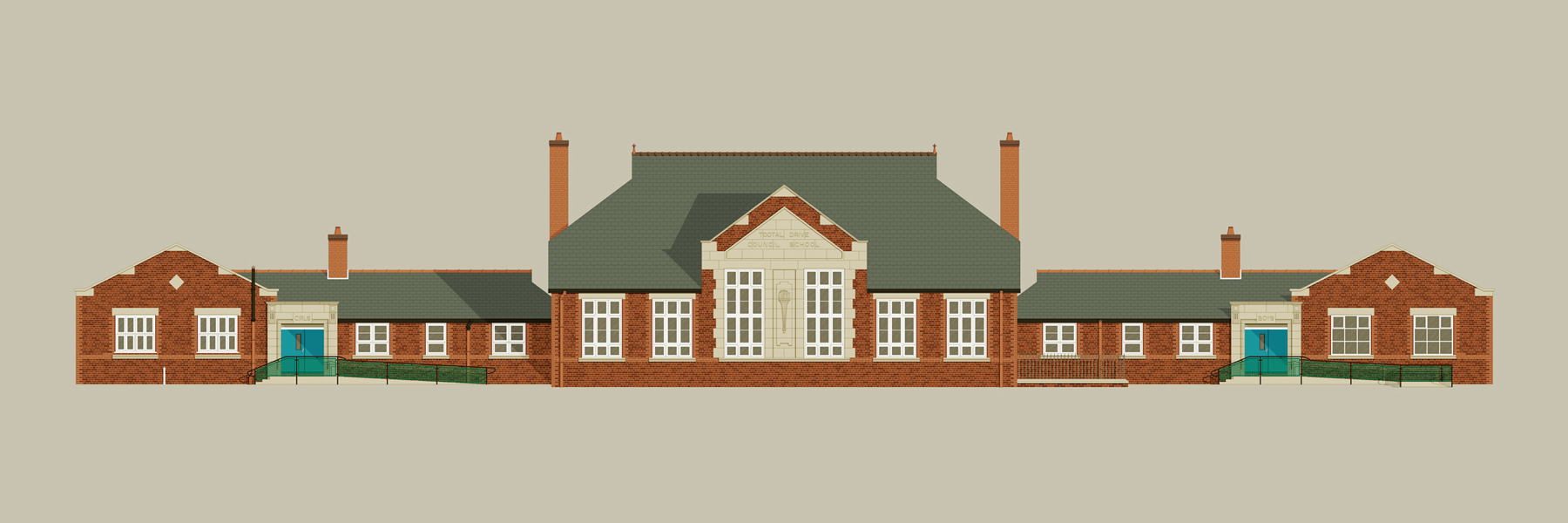 A pixel art illustration of Tootal Drive Primary School in Salford.